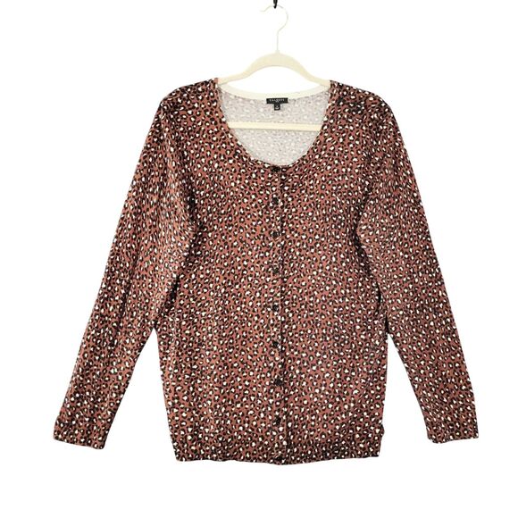TALBOTS Plus Brown Leopard Animal Print Button Cardigan Long Sleeve SIZE X US 0X - Picture 1 of 11